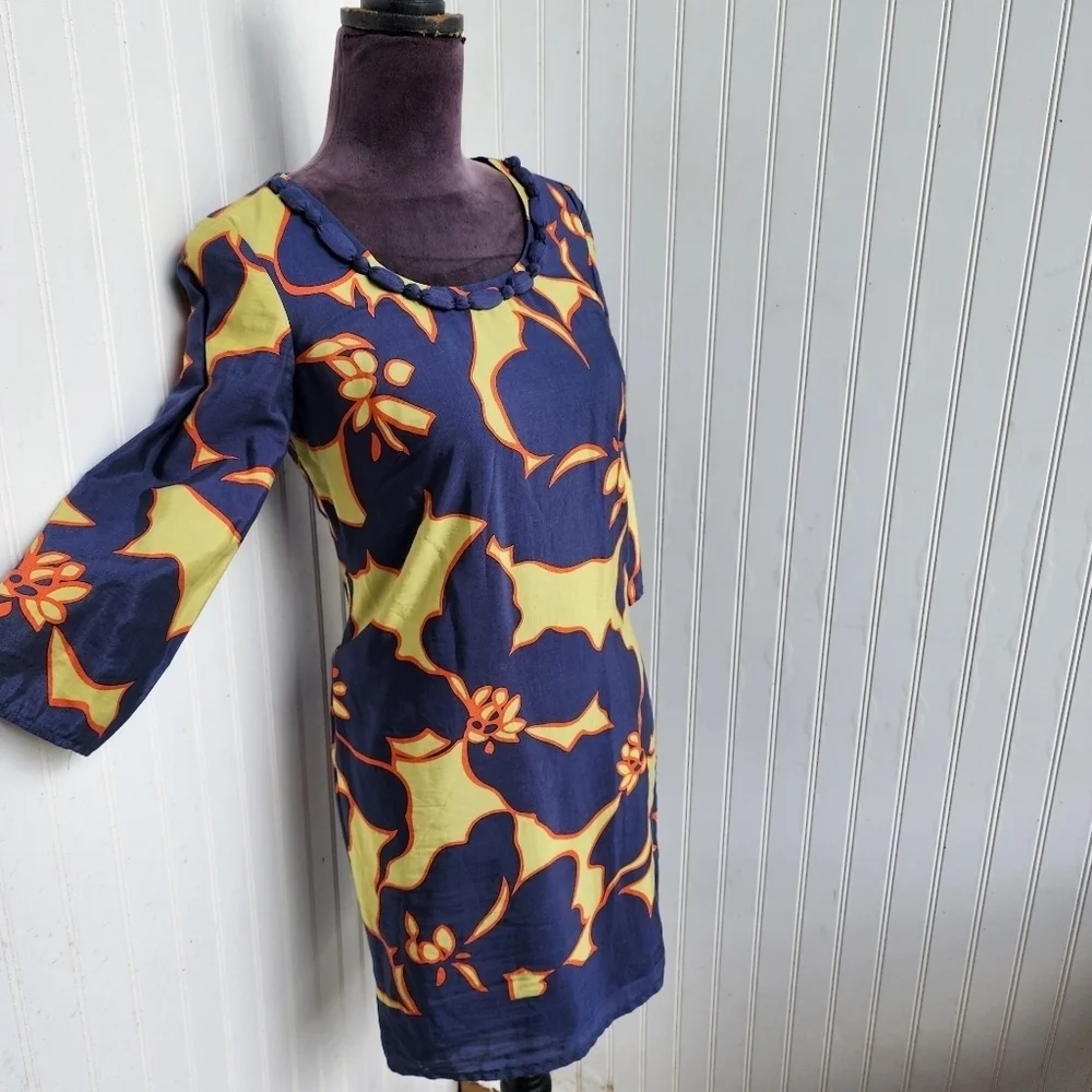 Ann Taylor LOFT Floral Knee Length Dress Navy Blue Green Orange 3/4 Sleeve 0P